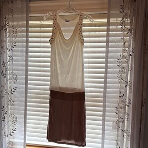 Casual Cream and Brown Sleeveless Beach cover up or Dress with Cowl Neck